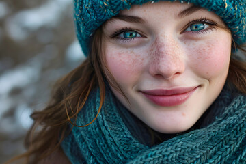 portrait of a very beautiful young woman with freckles in a warm knitted scarf. beauty seasonal fashion