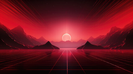 Red grid floor line on glow neon night red background with glow red sun, Synthwave cyberspace background, concert poster, rollerwave, technological design, shaped canvas, smokey cloud wave background. - obrazy, fototapety, plakaty