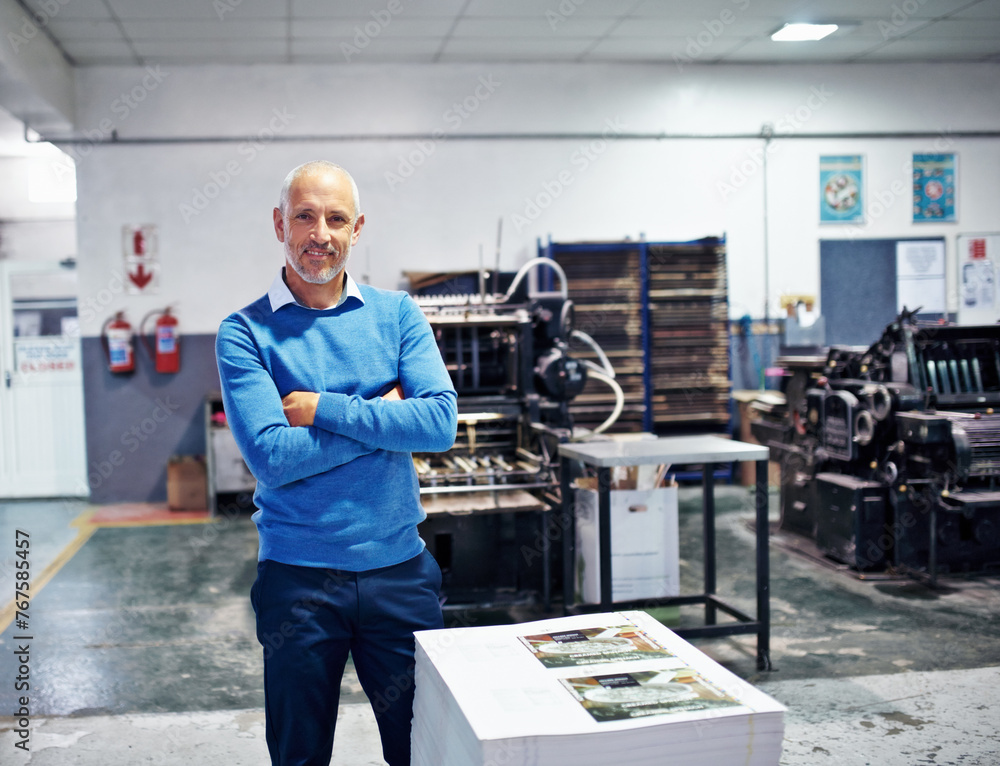 Poster printing, factory and portrait of man with crossed arms for quality control, supply chain or product