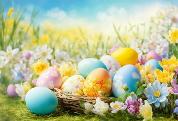 Fototapeta na wymiar Blue and yellow eggs with pattern in wicker plate and grass, yellow dandelions, blurred background of blue sky, Easter