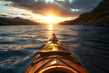 yellow kayak boat floats down the river in the fjords of Norway towards the sunrise. view from myself - 767585418
