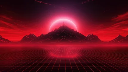 Plexiglas foto achterwand Red grid floor line on glow neon night red background with glow red sun, Synthwave cyberspace background, concert poster, rollerwave, technological design, shaped canvas, smokey cloud wave background. © ribelco