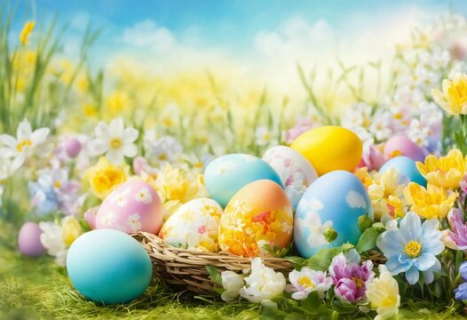 Blue and yellow eggs with pattern in wicker plate and grass, yellow dandelions, blurred background of blue sky, Easter