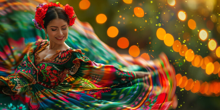 Traditional Mexican Cinco de Mayo dance dress in Motion Colourful movement woman Culture swirl vivid colors celebration holiday festival heritage beauty lights bokeh flowers costume blur Mexico - Powered by Adobe