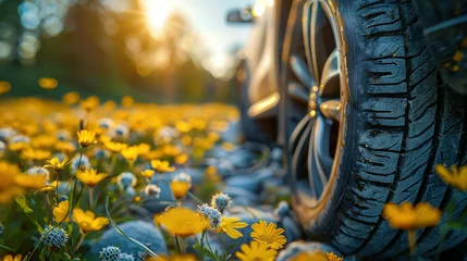 Fotobehang summer tires in the blooming spring in the sun - time for summer tires © Jennifer