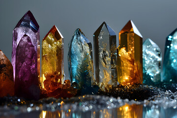 set of different colored gemstones and crystals. geology and minerals - obrazy, fototapety, plakaty