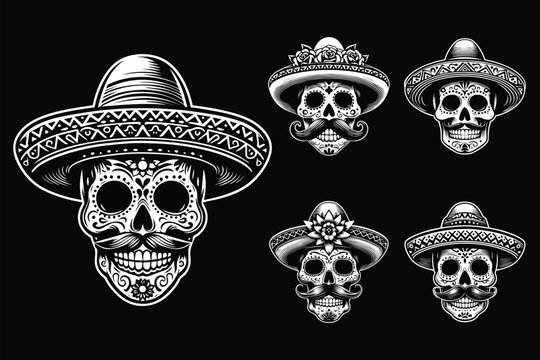 Dark Art Mexican Skull Head with Traditional Hat Black and White Illustration