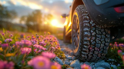 Foto op Canvas summer tires in the blooming spring in the sun - time for summer tires © Jennifer