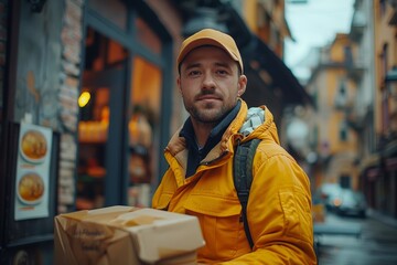 Food delivery man in a yellow jacket on a city street, reliable and professional.