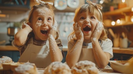 Two girls covered in flour, baking fun, excitement, kitchen mess, childhood, homemade, laughter