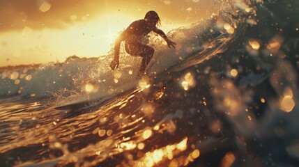Surfer riding a wave at sunset, the ocean gleaming with reflected sunlight.