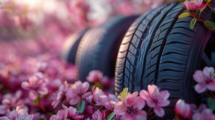 summer tires in the blooming spring in the sun - time for summer tires - obrazy, fototapety, plakaty