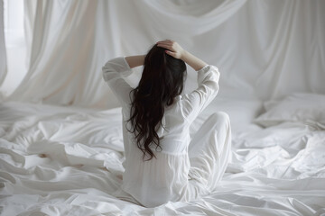 不眠症で悩む女性、睡眠不足の体調不良でしんどい表情