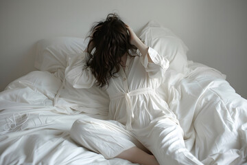 不眠症で悩む女性、睡眠不足の体調不良でしんどい表情