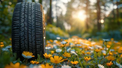 Fotobehang summer tires in the blooming spring in the sun - time for summer tires © Jennifer