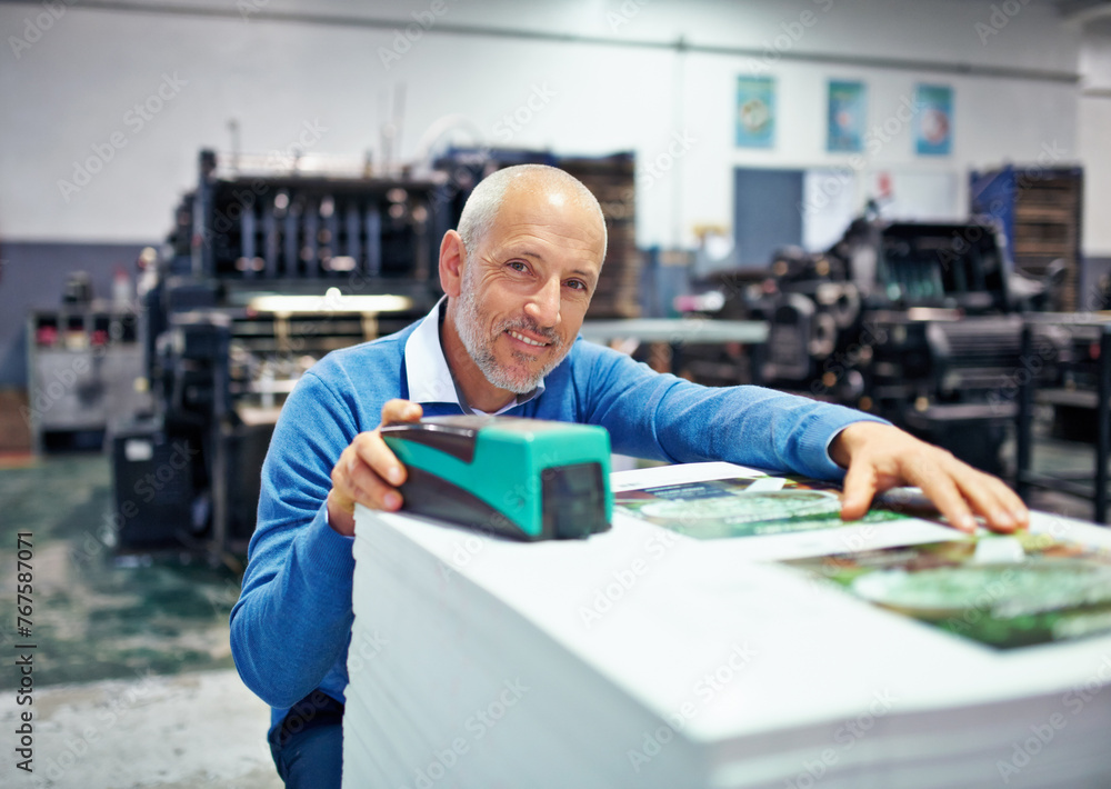 Aufkleber printing, factory and portrait of man with paper for quality control, design or product inspection. 