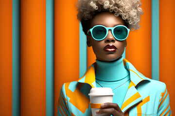 glamorous african woman in sunglasses with a plastic glass of coffee in her hand in colored clothes on a colored background - Powered by Adobe