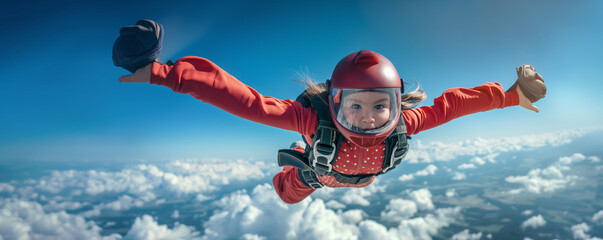 cute baby girl in flowers motive dress and skydiving wear flying in the sky with parachutist and red helmet and sport glasses in blue sky - obrazy, fototapety, plakaty