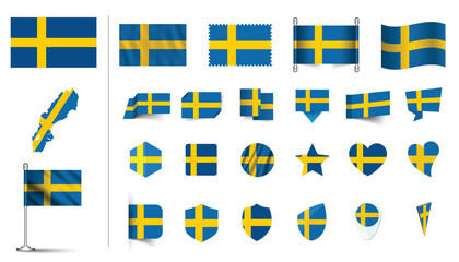 set of Sweden flag, flat Icon set vector illustration. collection of national symbols on various objects and state signs. flag button, waving, 3d rendering symbols, and flag on map symbols
