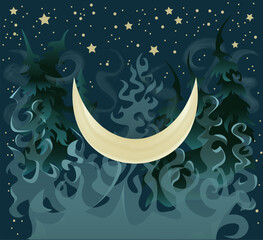 Fantasy vector illustration with moon, magic forest and smoke in the darkness against background with night sky and stars, cartoon flat design art 