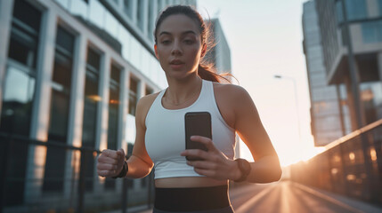 Frau und Fitnessmodel hält Smartphone beim Training und Fitness in der Hand um Fitnessapp zu nutzen. Fitness Marketing Hintergrund als Vorlage. Generative AI - obrazy, fototapety, plakaty