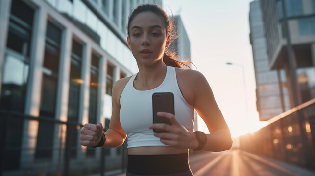 Frau und Fitnessmodel hält Smartphone beim Training und Fitness in der Hand um Fitnessapp zu nutzen. Fitness Marketing Hintergrund als Vorlage. Generative AI