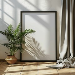 Picture Frame on Wooden Floor Beside Potted Plant