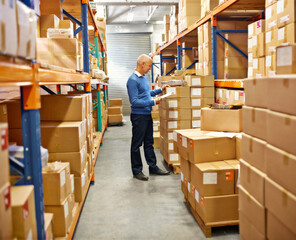 Businessman, clipboard and boxes in warehouse with inventory for quality control and freight...