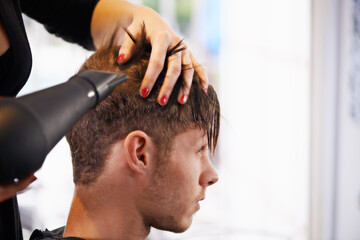 Hairdryer, styling and man with hairdresser for professional haircare, cut or dry with luxury...