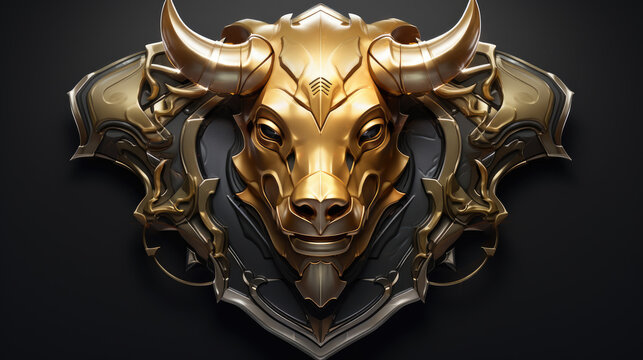 recommend clip art: 3d metallic golden buffalo, bull head on black beautiful texture background. Beautiful 3D print design for interior, wall, wallpaper, canvas. Video game logo