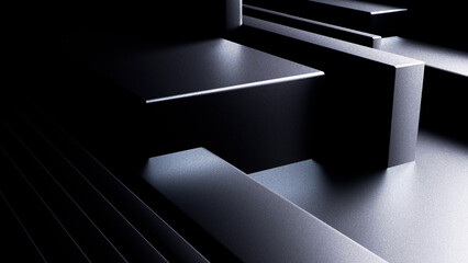 Black dark background illustration with geometric graphic elements, light effect and noise texture. 3d rendering