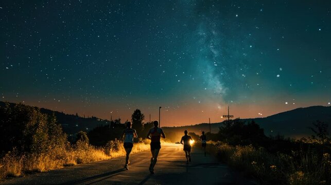 Picture of runners people running on car road in the night time with loop animation of stars in the blue sky strar raining calm video