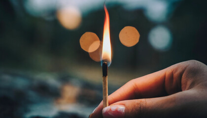 Hand holding lit match outside, close-up