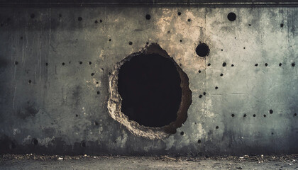 Large black hole in the wall, can't see ahead, concrete, bullet holes, close-up
