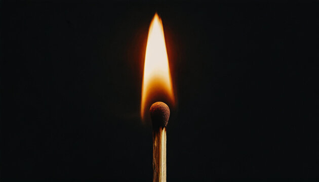 Match with fire lit, flame, black background, close-up