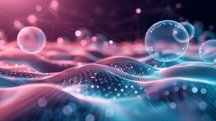 Abstract background of spheres and wire-frame landscape