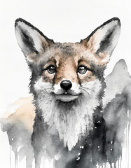 Watercolour painting of cute animals face with white background.