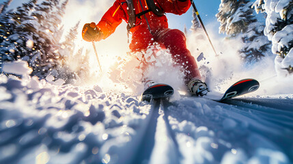 Skier in Bright Gear Speeding Down Mountain. - obrazy, fototapety, plakaty