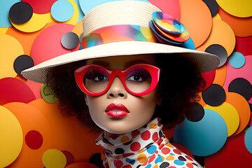 glamorous woman in a hat and sunglasses in colored clothes on a colored background. fashion and clothing style.