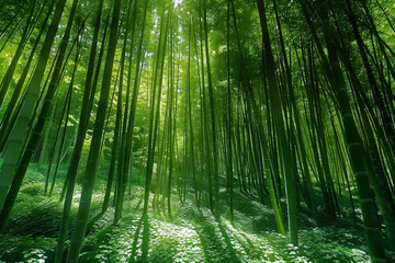 Fototapeta na wymiar A dense bamboo forest with the sun casting shadows, creating a pattern of light and dark green throughout the scene