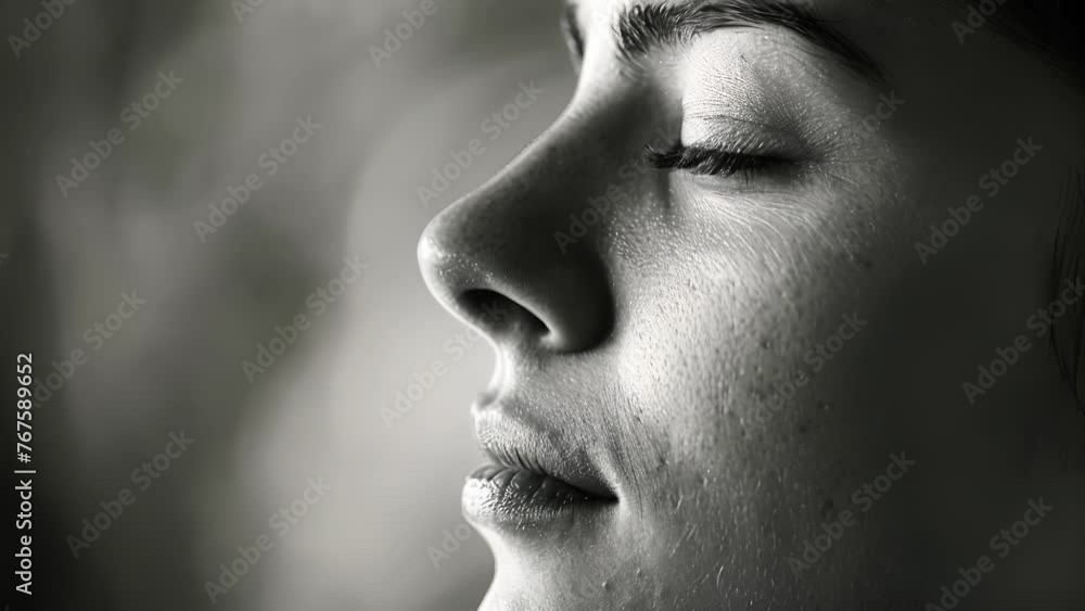 Poster a black and white image of a persons face in profile their eyes closed and a peaceful expression on 