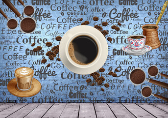 wallpaper Close up of cup of coffee on table with sketches on background