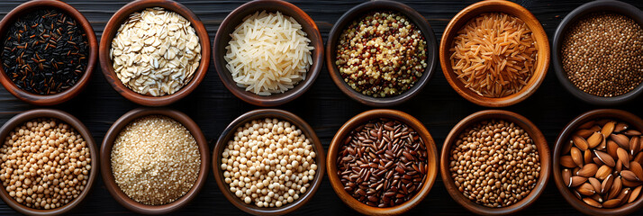 A variety of whole grains including brown rice,
white and brown quinoa. on a black background
