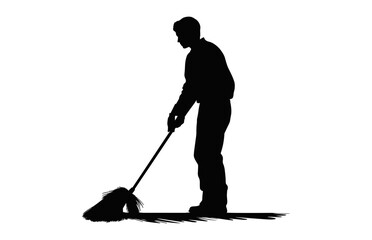 Cleaning Man Silhouette isolated on a white background, Sweeper boy Black and White Vector, Male Cleaner black Clipart
