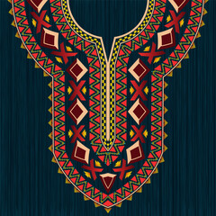 A vibrant neck design with intricate geometric motifs in tribal style. Symmetrical digital pattern for the neckline of Indian kurta, kurti, kaftan dress, and African dashiki shirt.