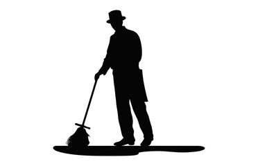Cleaning Man Silhouette isolated on a white background, Male Cleaner black Clipart, Sweeper boy Black and White Vector