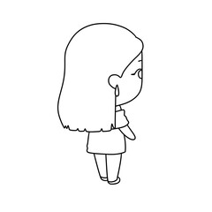 A girl with long hair is standing in a white background. She is wearing a dress and has her hands on her hips