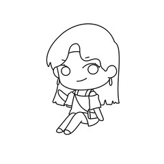 A girl is sitting on the ground with her arms crossed. She is smiling and looking at the camera