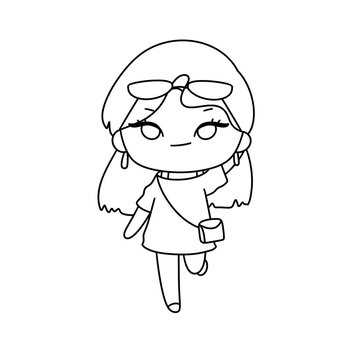 A girl is walking with a handbag and sunglasses on. She is smiling and looking up. The image is of a cartoon character