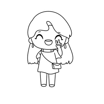 A girl is drawing a picture of herself with a peace sign. She is smiling and holding a purse